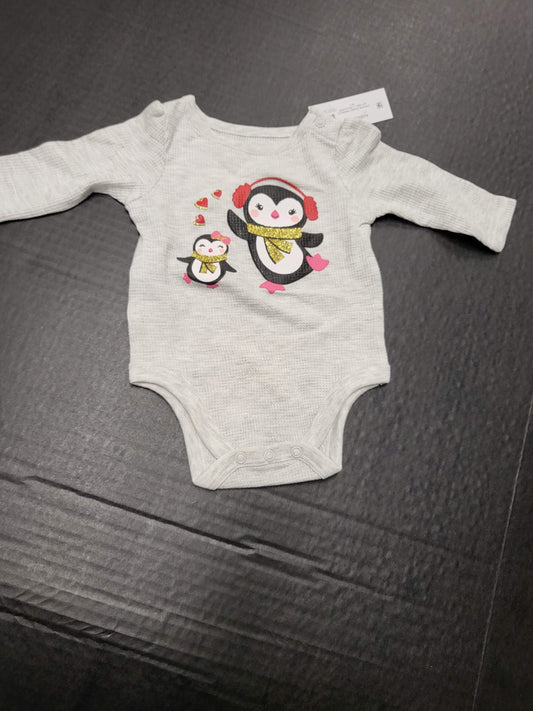 0-3 Months Baby Onesie Long Sleeve Shirt with Penguins and Hearts