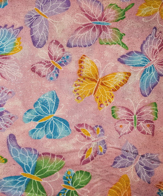 Glittery Butteries on Pink Cotton Fabric