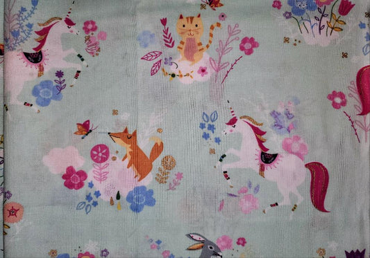 Unicorns with Woodland Animals on Mint Cotton Fabric