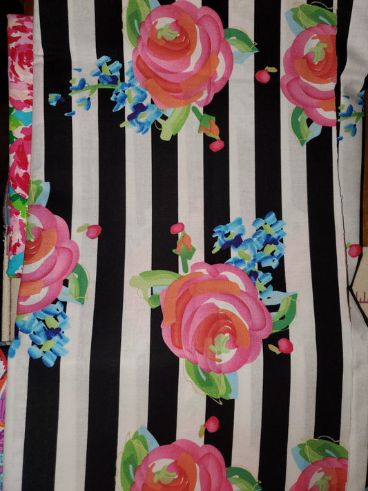 Bright Pink Roses on Black and White Stripes Cotton Fabric
