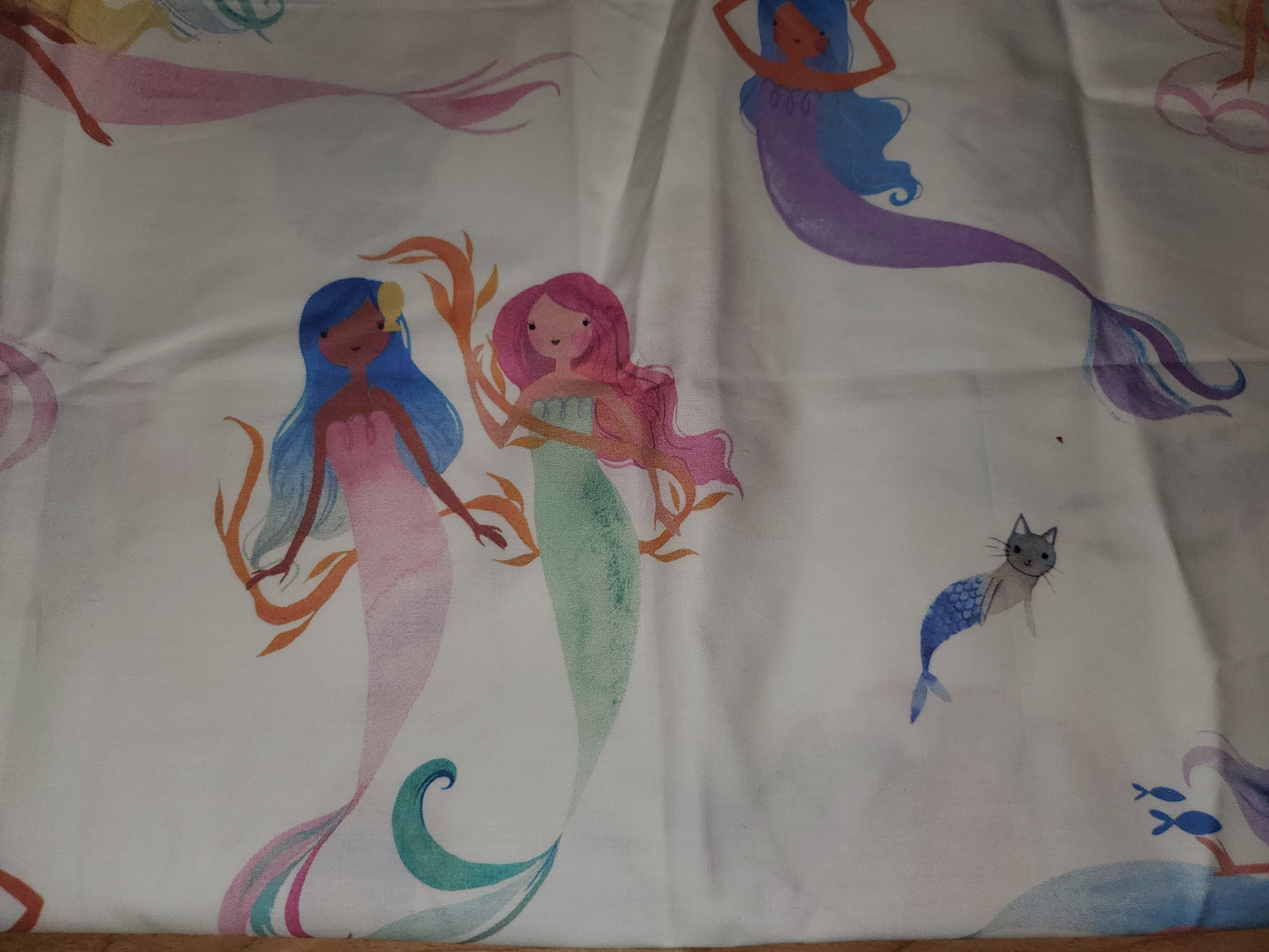 Cat Mermaid with Mermaids on White Cotton Fabric
