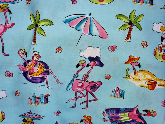 Beach Flamingos on Aqua Cotton Fabric