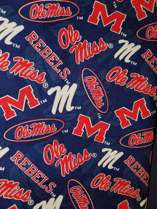 Ole Miss Rebels on Blue Cotton Fabric