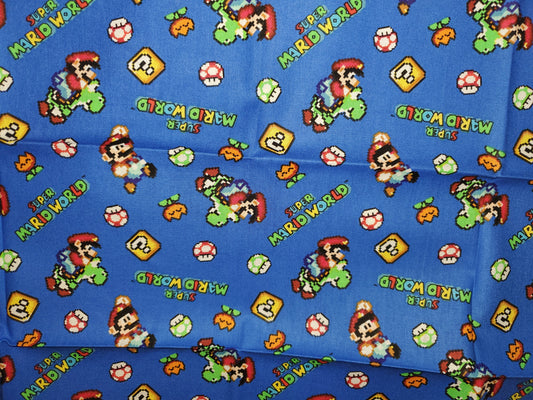 Super Mario World on Blue Cotton Fabric