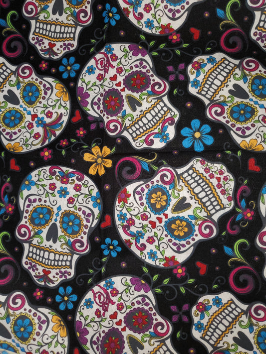 Sugar Skulls on Black Cotton Fabric