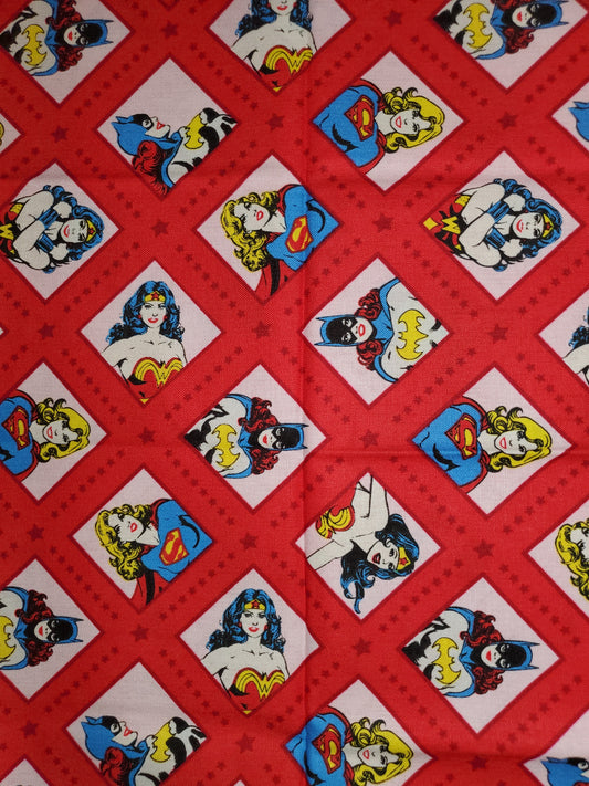 Women Superheroes in Diamonds on Red Cotton Fabric