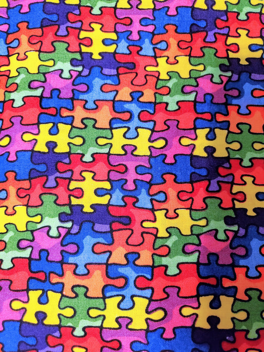 Autism Awareness Puzzle Pieces Multicolored Cotton Fabric