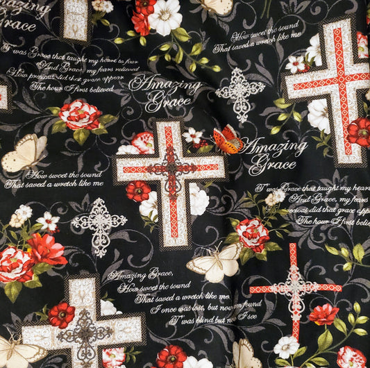 Amazing Grace on Black Cotton Fabric