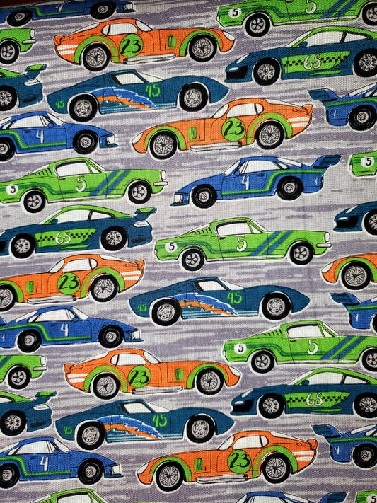 Race Cars on Grey Cotton Fabric