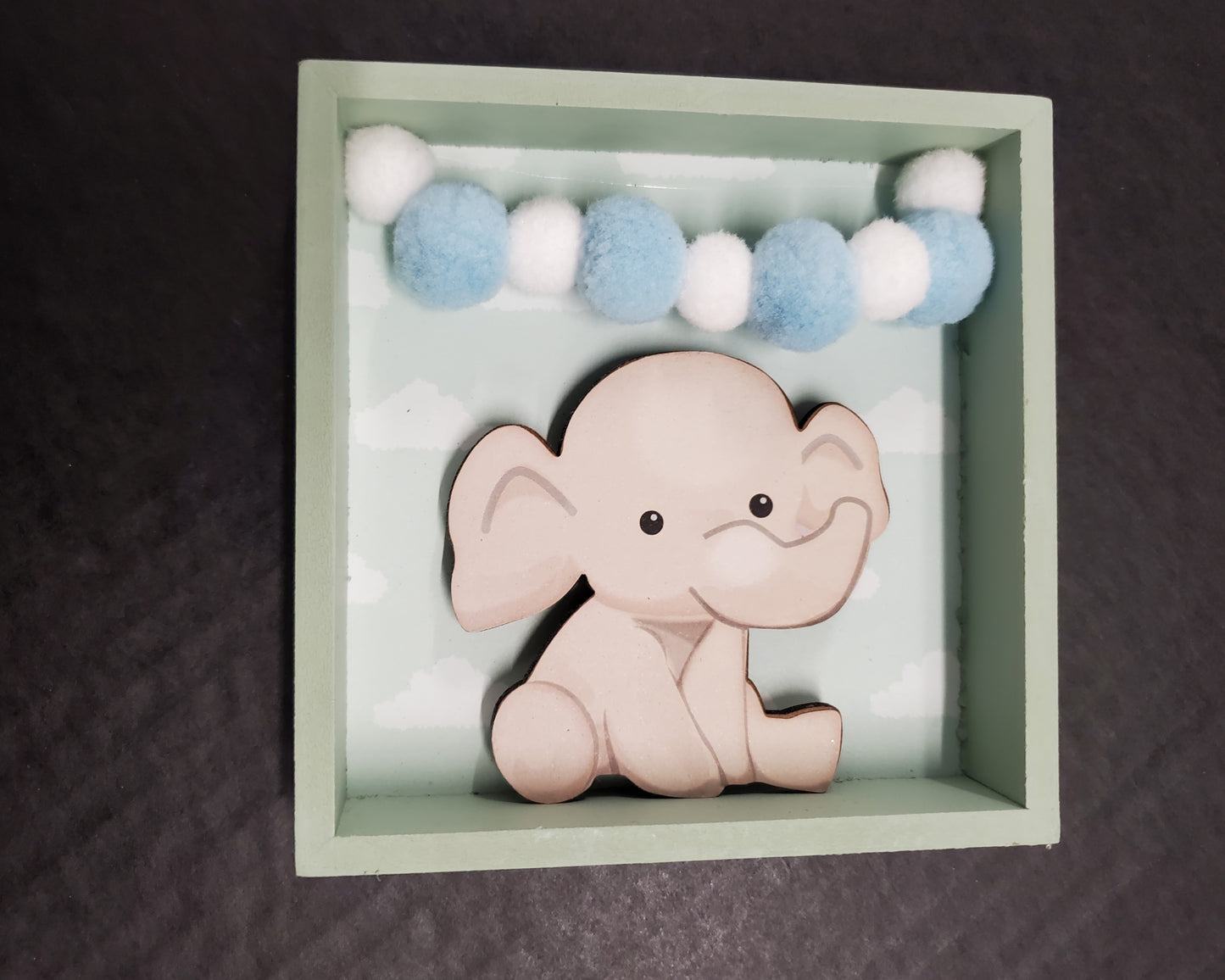Sweet Elephant with Pom Poms on Mint Green Wall Art or Tabletop Decor Baby Room Decor