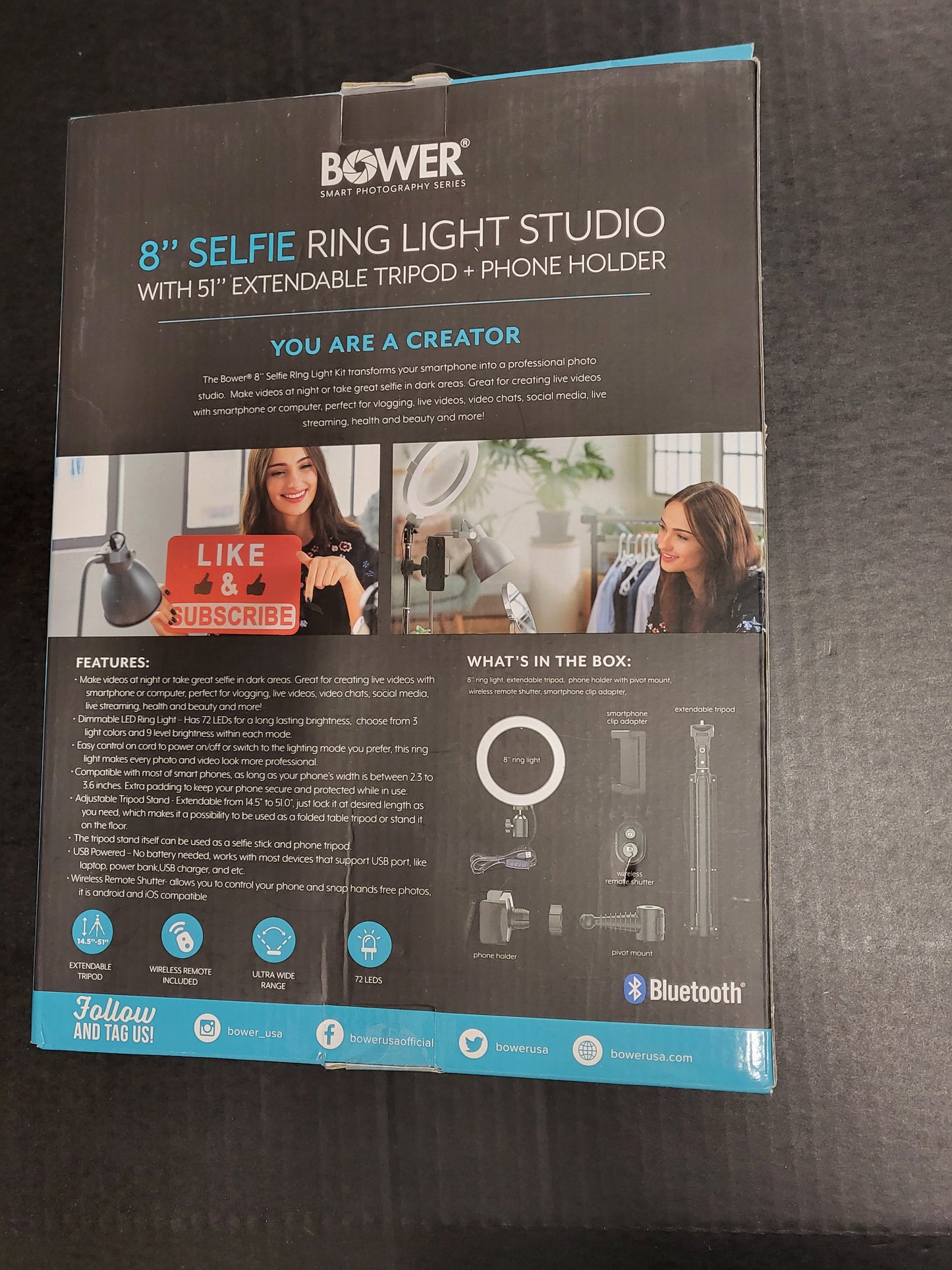 Bower 8in Selfie Ring Light Studio with 51in Extendable Tripod Phone Holder