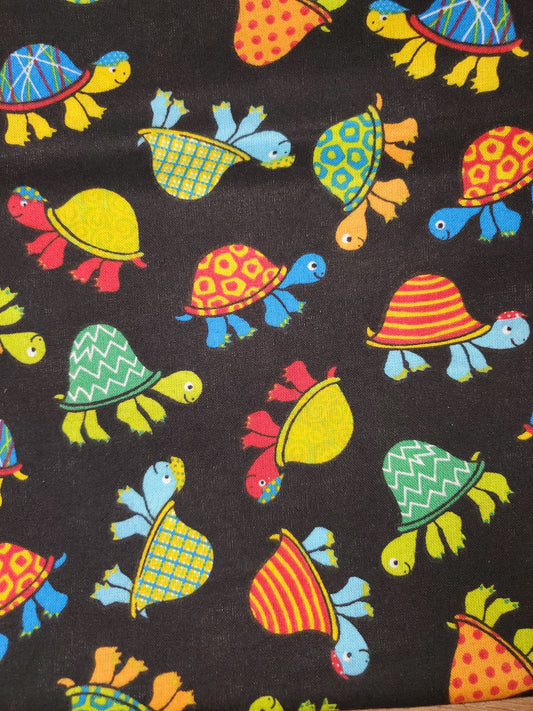 Multicolored Turtles on Black Cotton Fabric