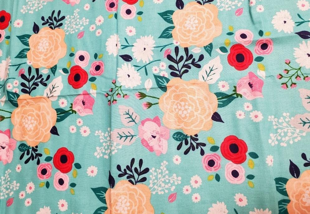 Peach Pink and Red Flowers on Aqua Cotton Fabric