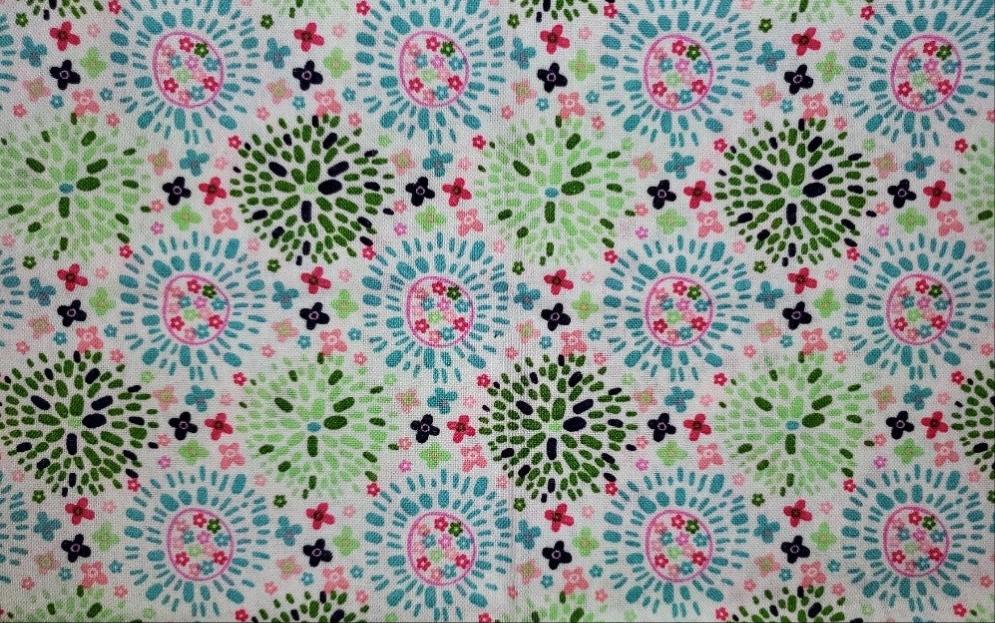 Green and Blue Medallions with Small Pink Flowers Cotton Fabric