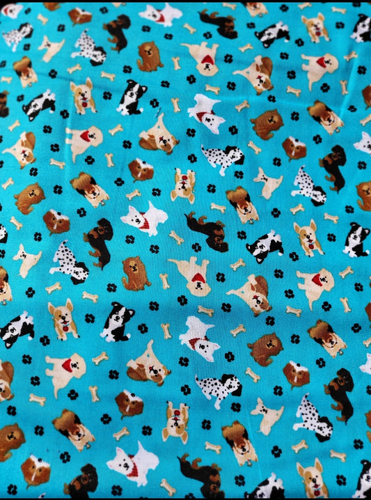 Small Puppy Dogs on Blue Cotton Fabric