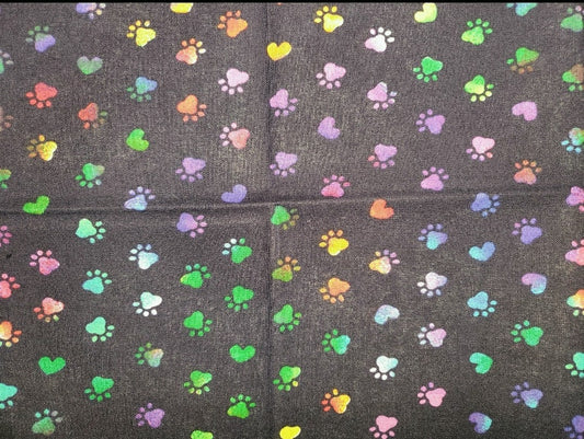 Multicolored Paw Prints on Navy Cotton Fabric