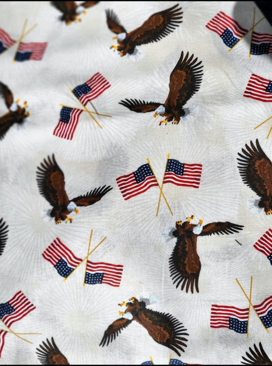 Bald Eagles with American Flags on White Cotton Fabric