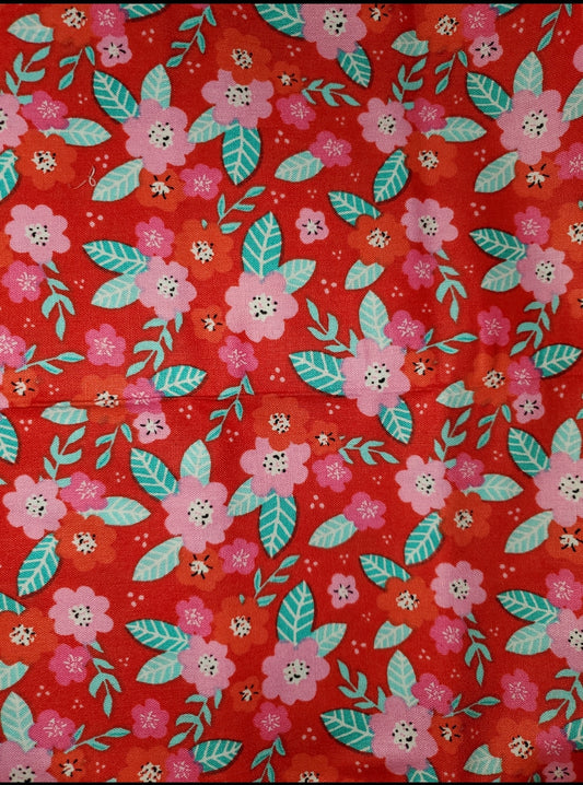 Red and Pink Flowers with Aqua Leaves on Red Cotton Cotton Fabric