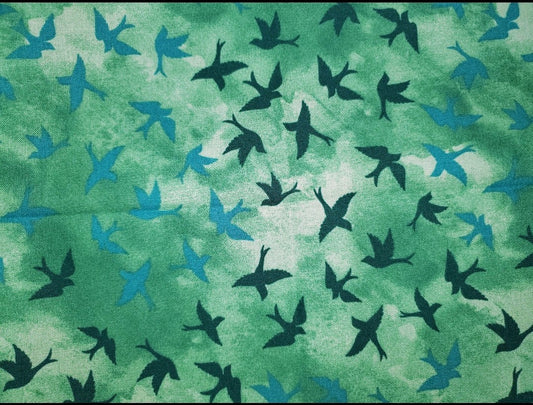 Flying Birds on Teal Tie Dye Cotton Fabric