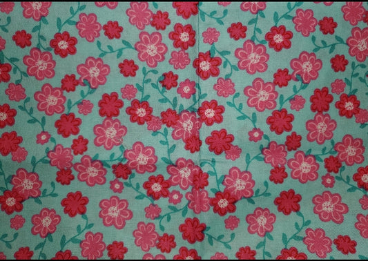 Small Magenta and Pink Flowers on Turquoise Cotton Fabric