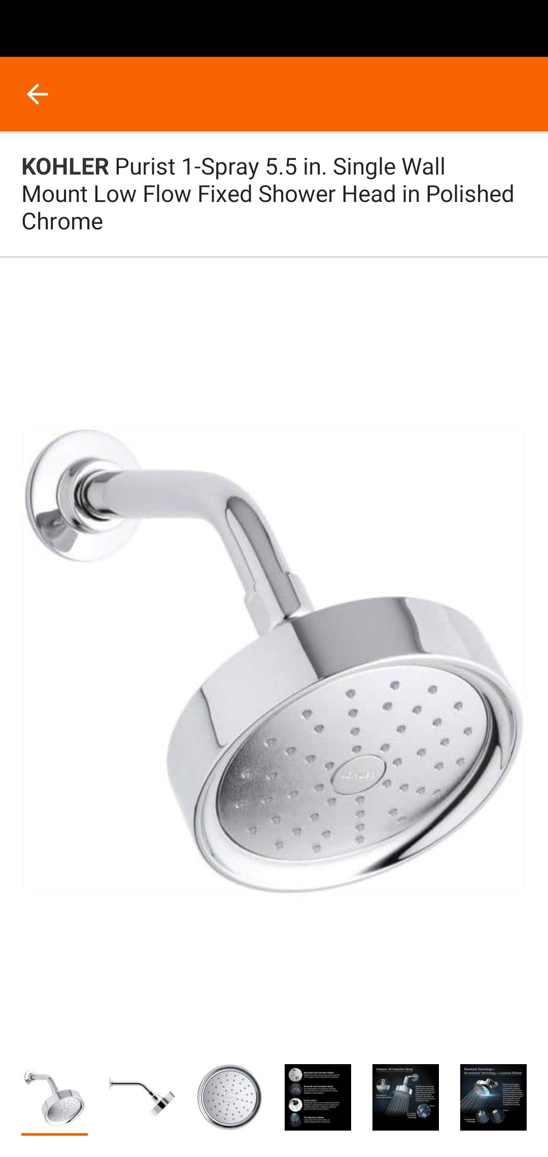 KOHLER Purist 1-Spray 5.5 in. Single Wall Mount Low Flow Fixed Shower Head in Polished Chrome