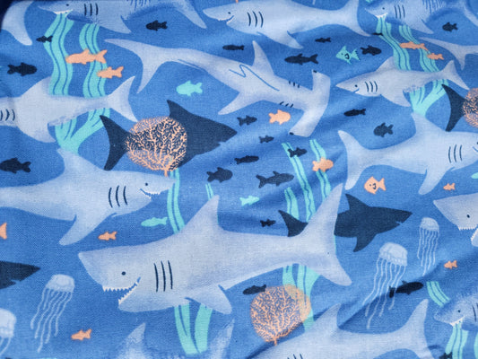 Happy Sharks on Blue Cotton Fabric